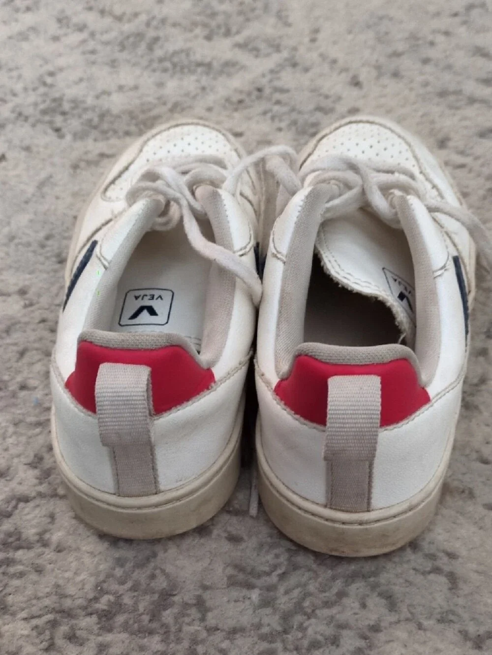Veja Kids White Leather Sneakers with Navy V and Red Heel Tab